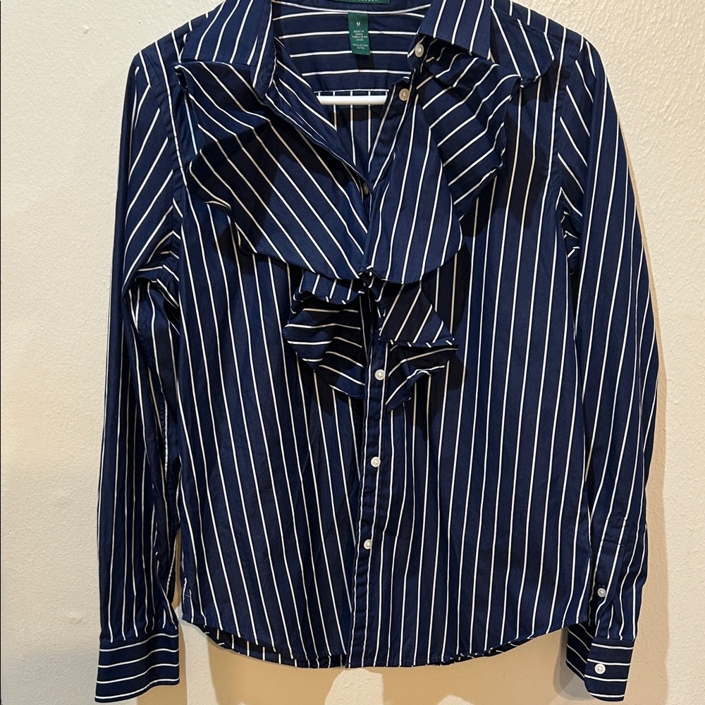 Lauren Ralph Lauren Navy and White Striped Button Down Shirt